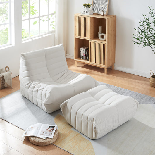 Set Kodsø di Poltrona Bassa e Pouf Poggiapiedi Imbottiti in Microfibra - Beige [en.casa]