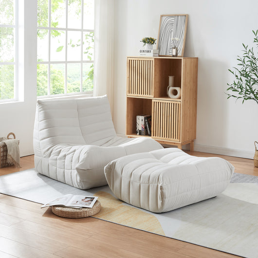 Set Kodsø di Poltrona Bassa e Pouf Poggiapiedi Imbottiti in Microfibra - Beige [en.casa]
