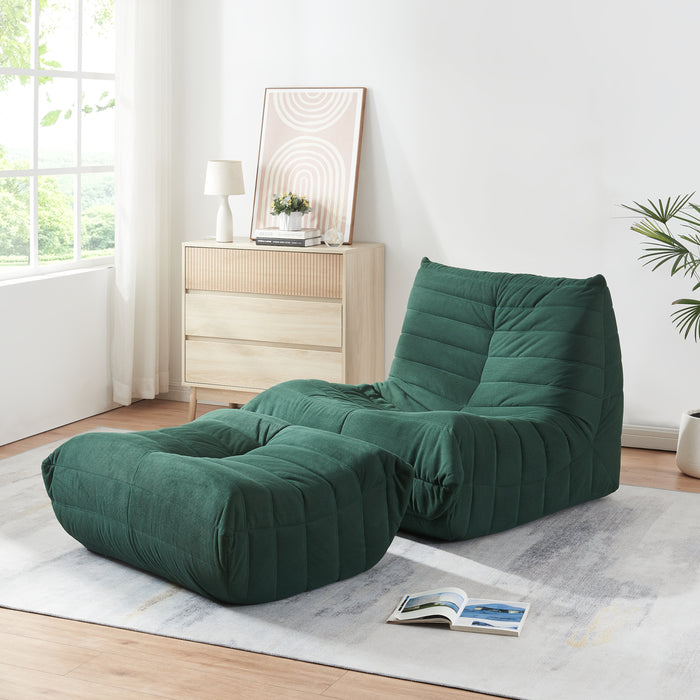 Set Kodsø di Poltrona Bassa e Pouf Poggiapiedi Imbottiti in Velluto a Coste - Verde [en.casa]