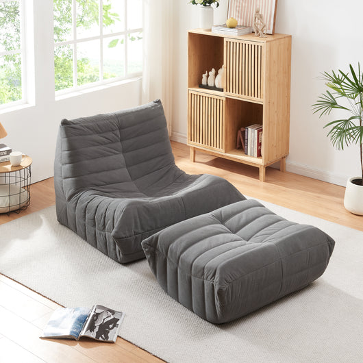 Set Kodsø di Poltrona Bassa e Pouf Poggiapiedi Imbottiti in Velluto a Coste - Grigio [en.casa]