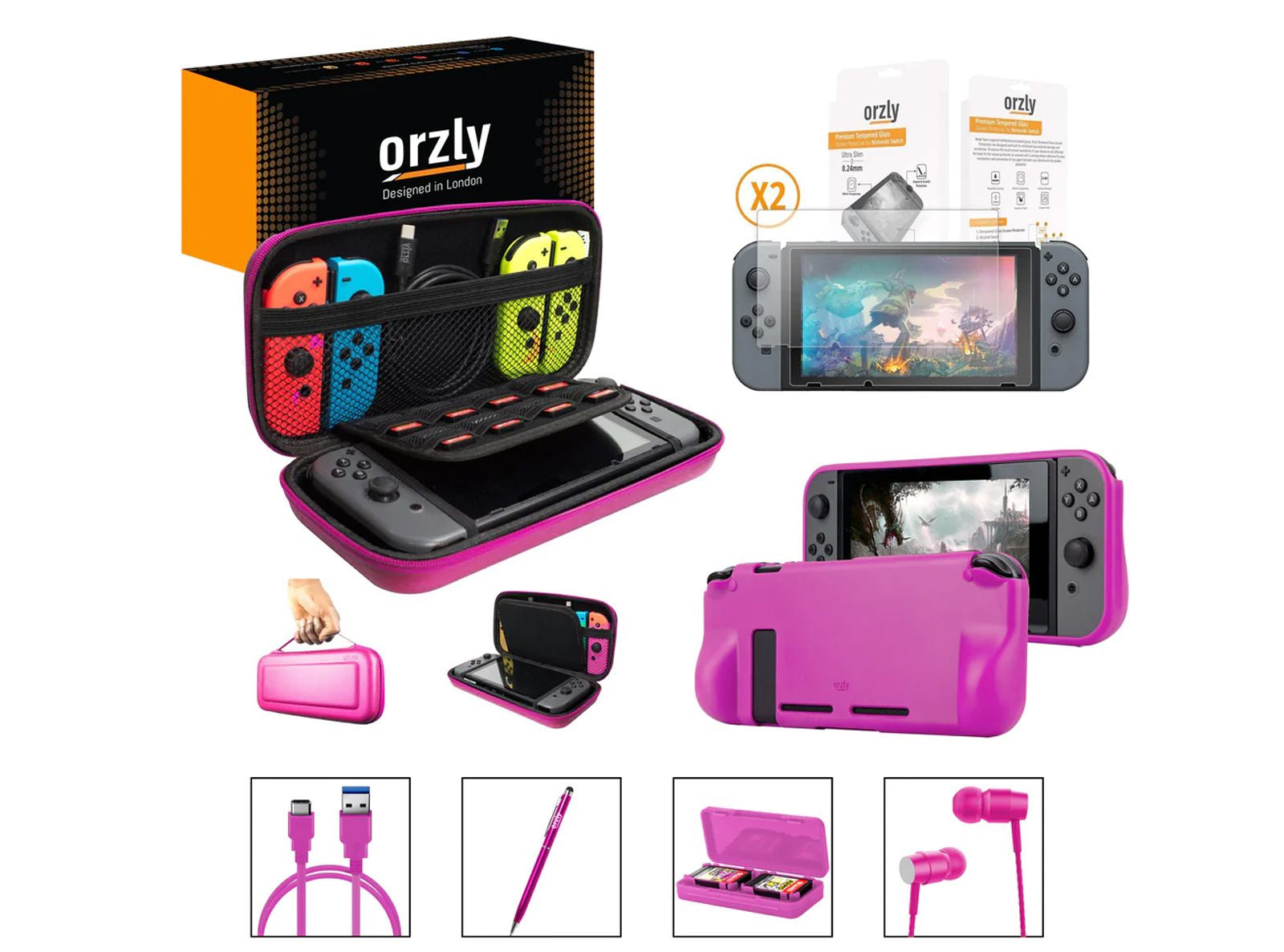 Borsa Essential Pack per Nintendo Switch Case 2 Vetri Protettivi Grip Case Porta Cavo USB  Cartucce Cuffie Penna Colore ROSA