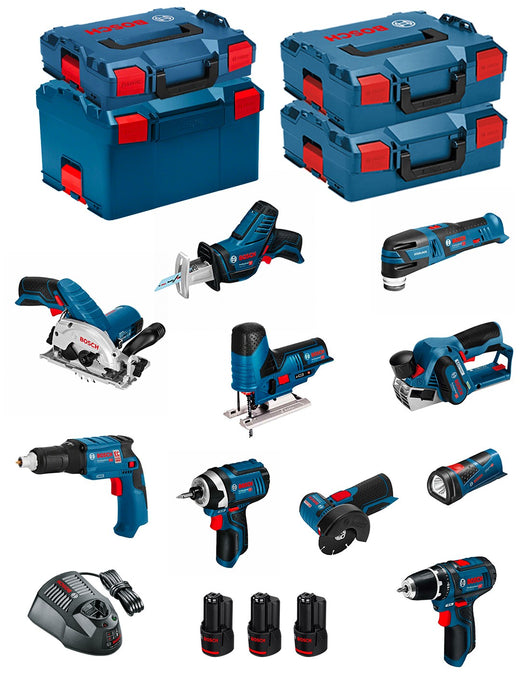 Bosch professional bosch kit 12v bmk10-28cd3 (gsr12v-15+gtb12v-11+gdr12v-105+gws12v-76+gst12v-70+gks12v-26+gop12v-28+gsa12v-14+gli12v-80+gho12v-20) 0660989123888
