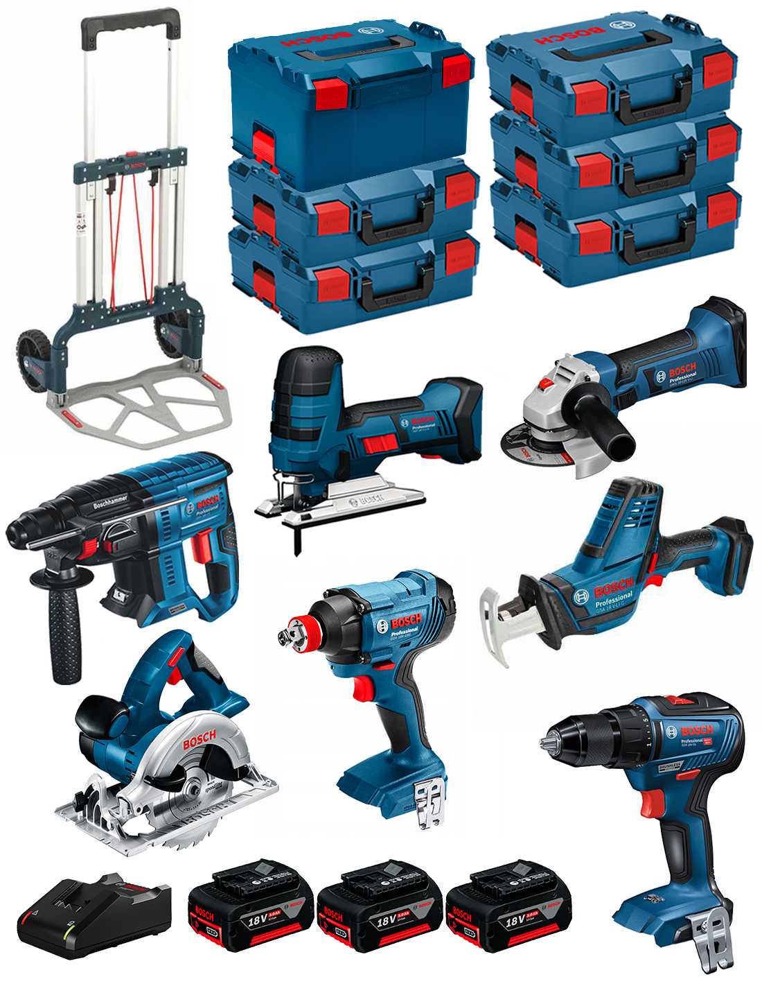 Bosch professional bosch kit 18v bk702 (gst18v-lis+gks18v-li+gbh18v-21+gws18-125v-li+gsr18v-55+gsa18v-lic+gdx18v-180+ 3x5,0ah+gal18v-40+6xl-boxx) 8435587915898