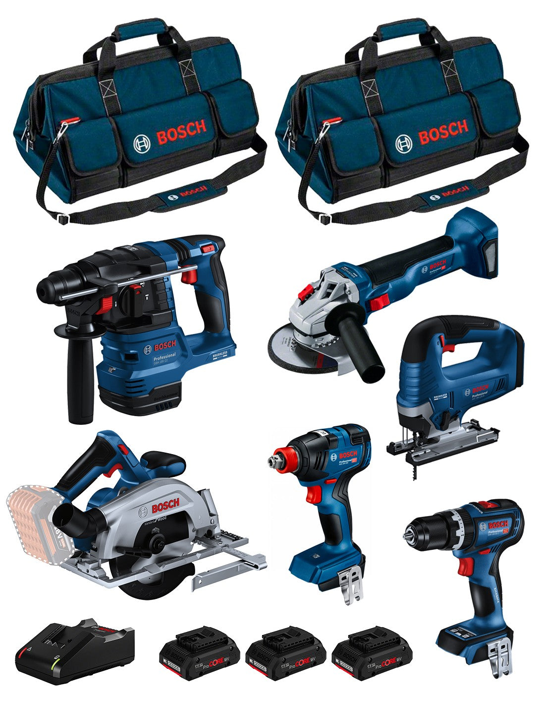 Bosch professional bosch kit bk604bag (gsb18v-90c +gdx18v-200 +gks18v-57-2 +gst 18v-125b +gbh18v-22 +gws18v-10 + 3x4,0ah pc +gal18v-40 + 2xhdbag) 8435587928416