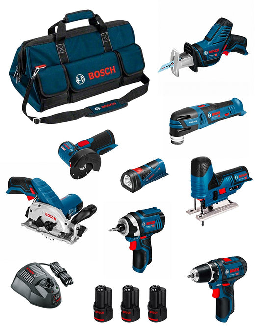 Bosch professional bosch kit bmkb8-28bd3 (gsr12v-15+gdr12v-105+gks12v-26+gws12v-76+gst12v-70+gop12v-28+gsa12v-14+gli12v-80+3x2,0ah+gal1230cv+hdbag) 0660989125745