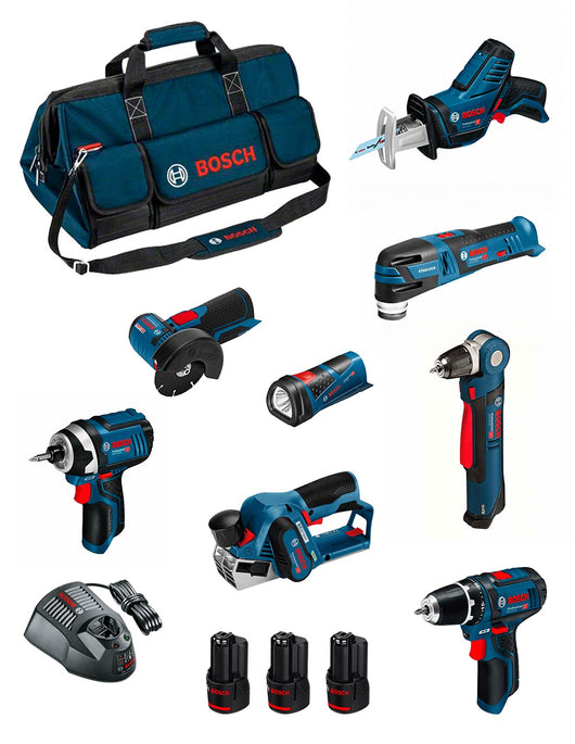 Bosch professional bosch kit bmkb8-28ed3 (gsr12v-15+gdr12v-105+gwb12v-10+gws12v-76+gop12v-28+gsa12v-14+gli12v-80+gho12v-20+3x2,0ah+gal1230cv+hdbag) 0660989125899