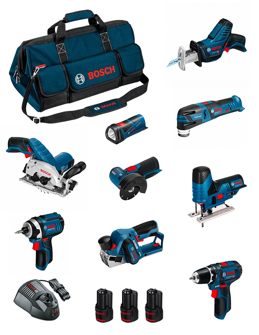 Bosch professional bosch kit bmkb9-28dd3 (gsr12v-15+gdr12v-105+gks12v-26+gws12v-76+gst12v-70+gop12v-28+gsa12v-14+gli12v-80+gho12v-20+3x2,0ah) 0660989125912