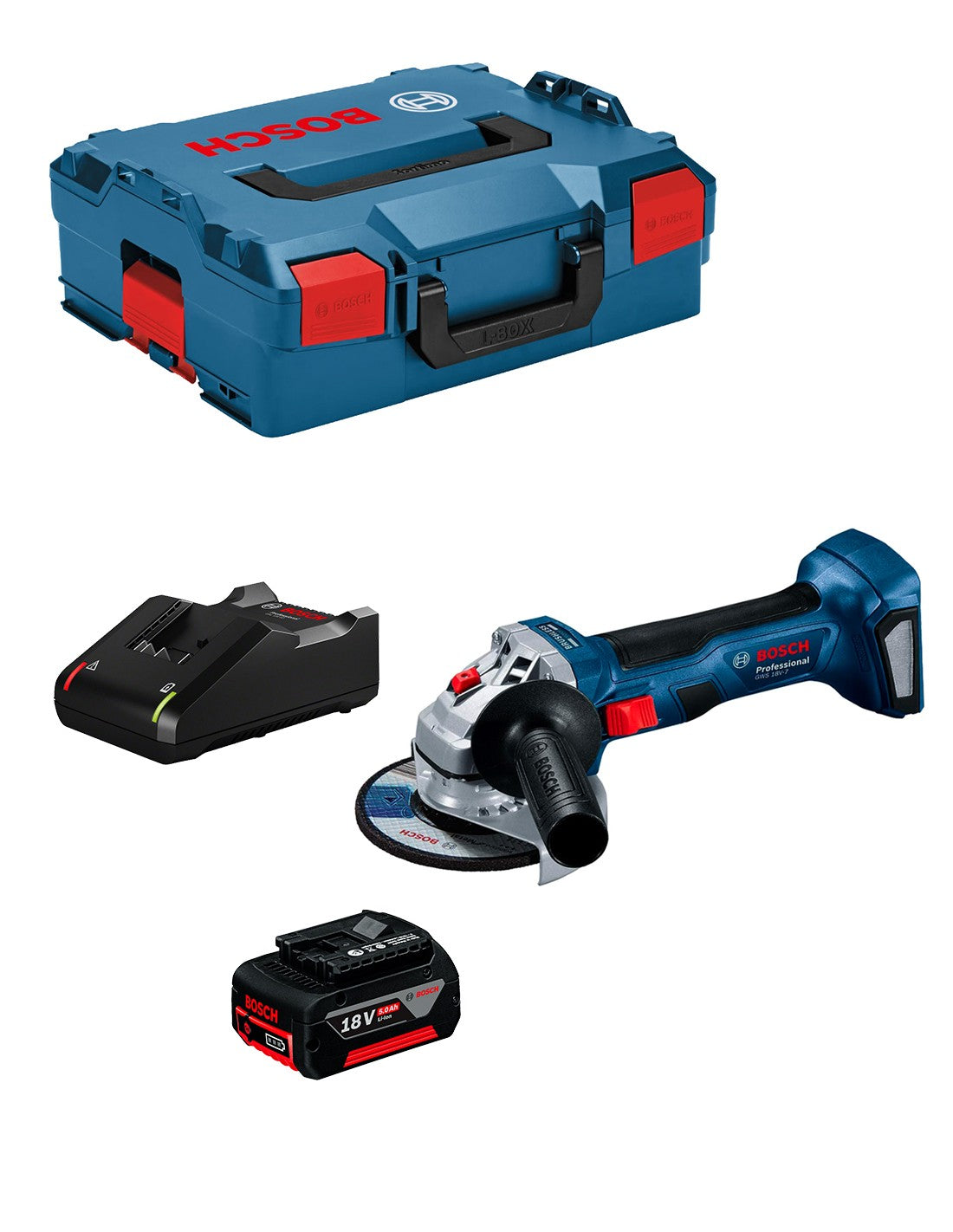 Bosch professional smerigliatrice angolare bosch gws 18v-7 (1 x 5,0 ah + gal18v-40 + l-boxx 136) 8435587916581