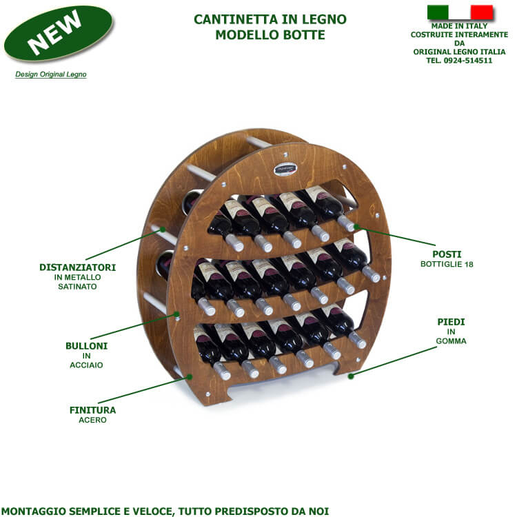 CANTINETTA IN LEGNO PORTA BOTTIGLIE VINO MODELLO BOTTE 18 BOTTIGLIE FINITURA ACERO L.75 x P,25 x H.75 100% FABBRICATO IN ITALIA