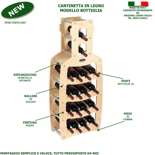 CANTINETTA IN LEGNO PORTA BOTTIGLIE VINO MODELLO BOTTIGLIA 18 BOTTIGLIE FINITURA ACERO L.50 x P.25 x H.120 100% FABBRICATO IN ITALIA