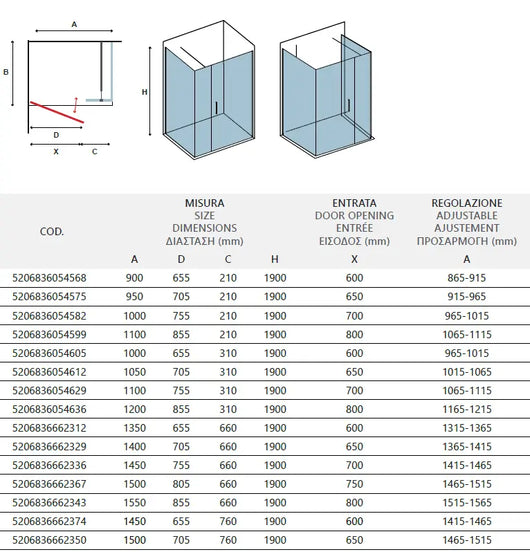 Box Doccia H190 Anta Battente Cristallo 6mm - 70x100 - Ingresso 65 - Antina 31