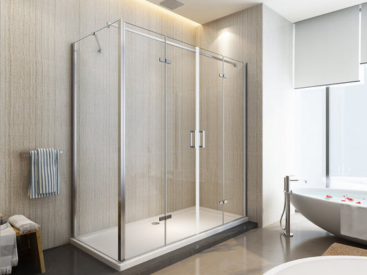 Box doccia due lati porta a libro 4 ante con parete fissa laterale, cristallo 6mm trasparente, h190 Sicena Rasac