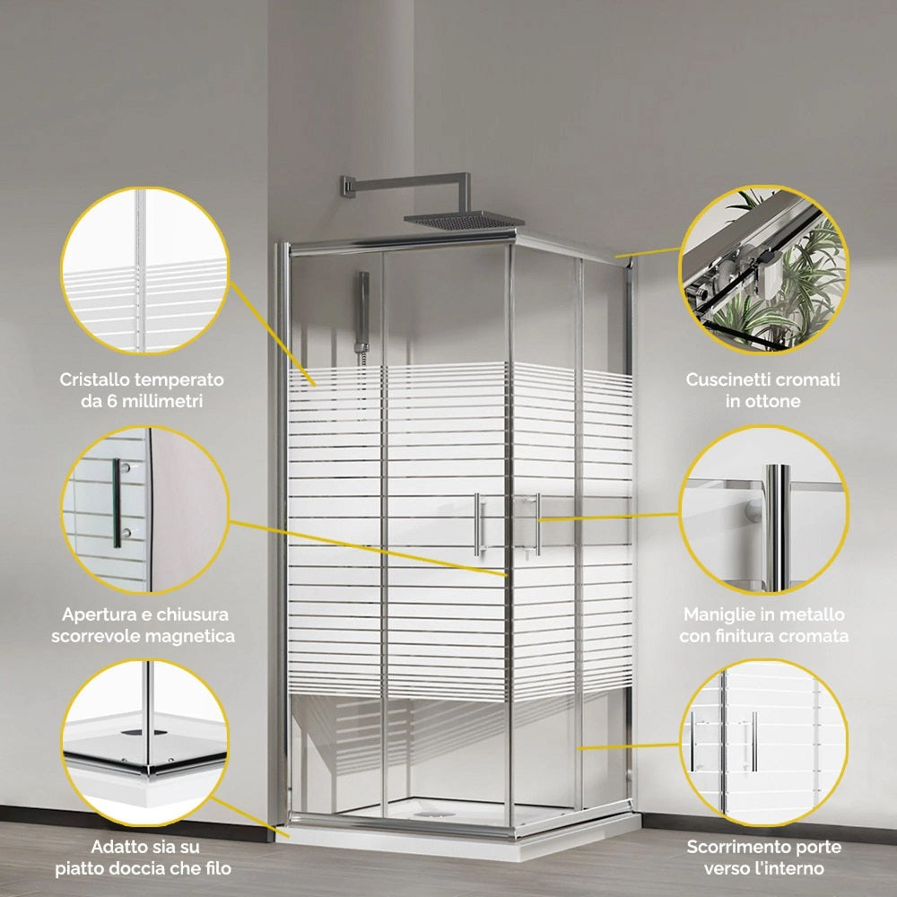 Box doccia due lati scorrevole cristallo 6mm serigrafato, 80x80cm h.185 Crome Slate