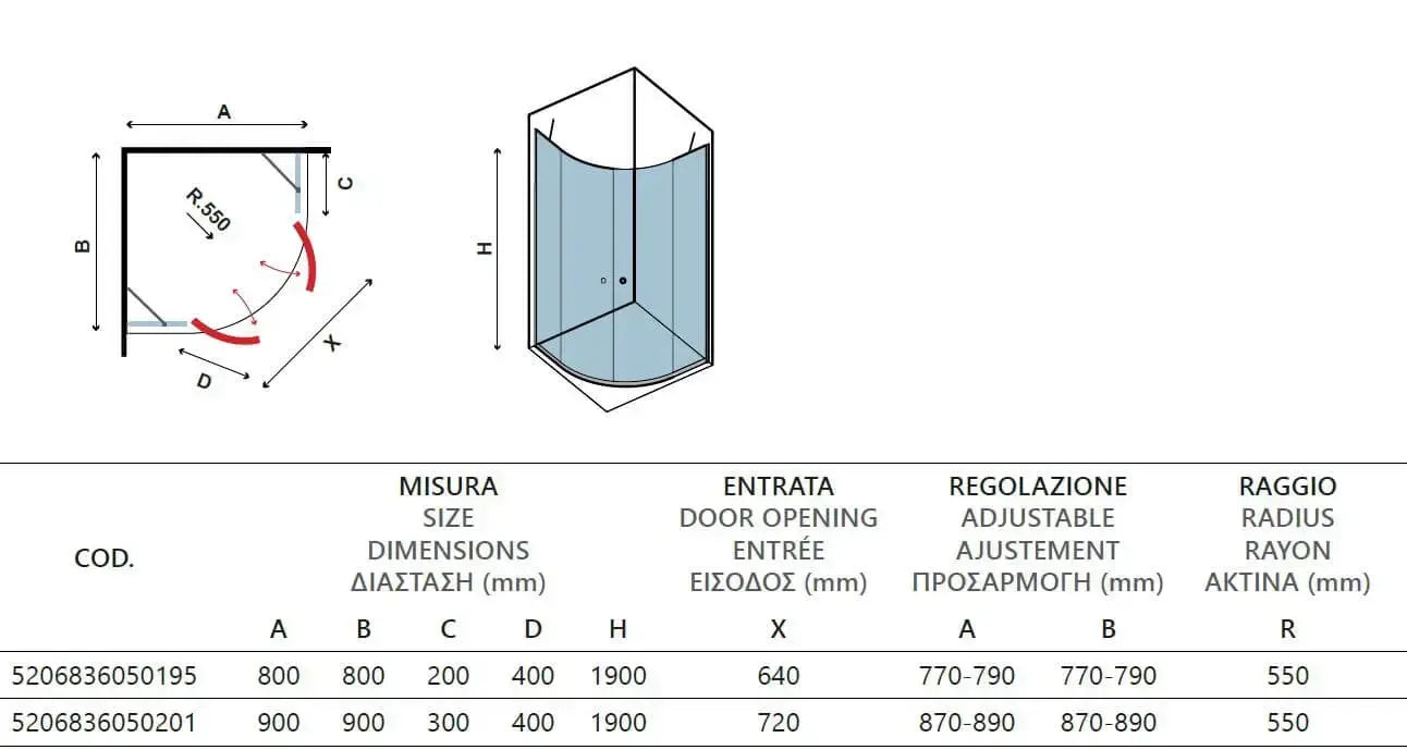 Box Doccia Semicircolare 6mm Anticalcare H190 Apertura Interna Esterna - 79x79