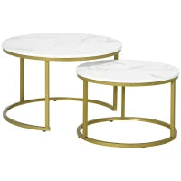Set 2 Tavolini da Salotto Rotondi e Impilabili in Acciaio e Truciolato, Ø74x46.3 cm e Ø59x38.5 cm, Bianco e Oro