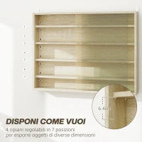 Bacheca Portaoggetti a 5 Ripiani Regolabili in Legno con Ante in Vetro, 80x9.5x60 cm, Color Legno