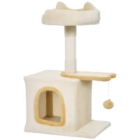 Albero Tiragraffi per Gatti con Posatoio e Casetta, in Legno, Peluche e Sisal, 40x30x72 cm, Beige e Giallo