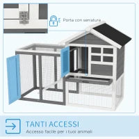 Gabbia per Conigli, Porcellini d'India e Roditori, Conigliera da Esterno in Legno di Abete con Casetta, Vassoio e Rampa, 122x62.6x92 cm, Grigio e Bianco
