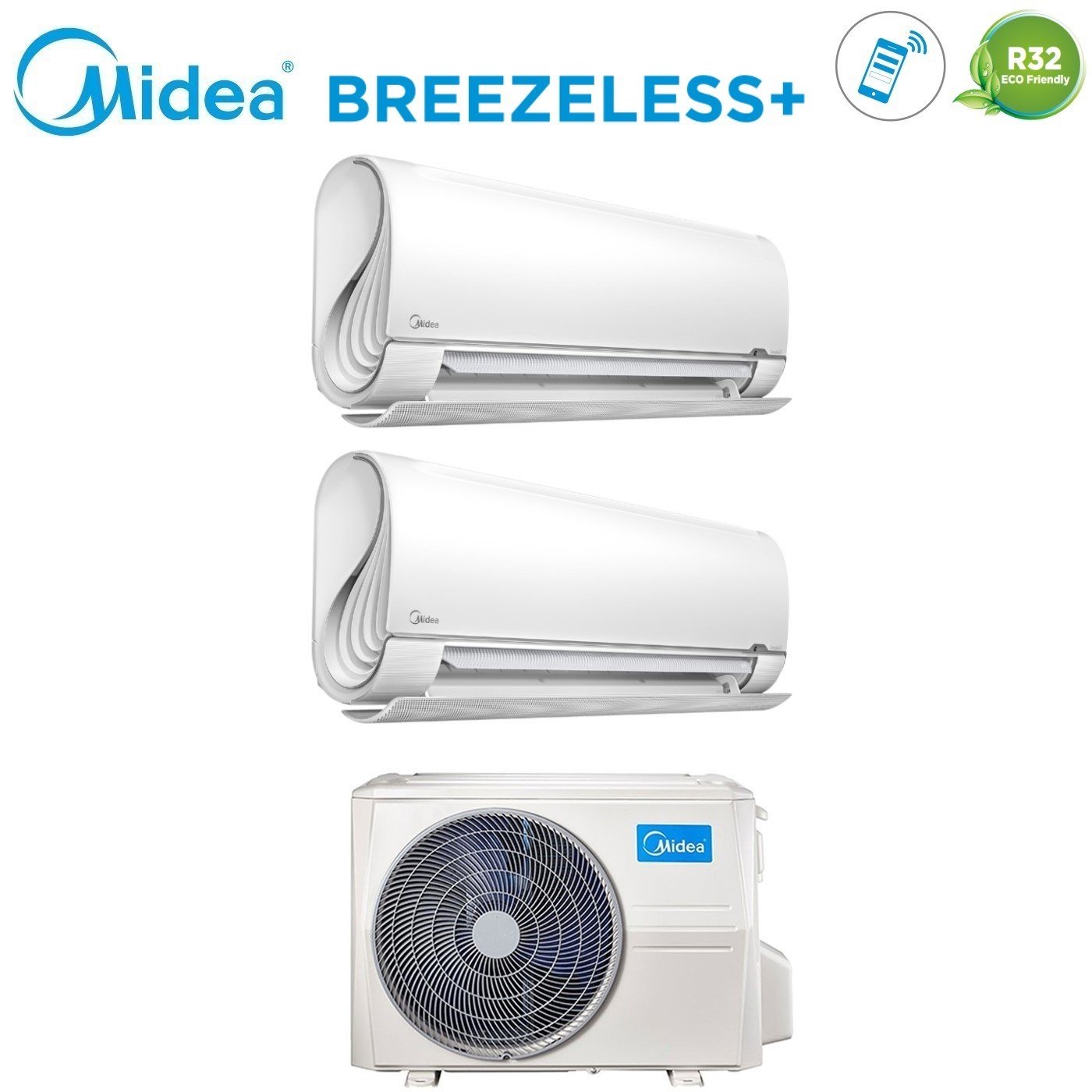 Climatizzatore Condizionatore Midea Dual Split Inverter serie BreezeleSS+ 12+12 con M2OD-18HFN8-Q R-32 Wi-Fi Integrato 12000+12000 - Novità