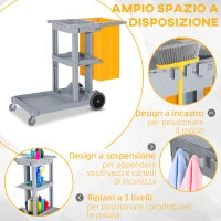Carrello Pulizie Professionale con 3 Ripiani, Ganci Portascopa, 4 Ruote e Sacco 100L, Arancione 121 x 50.5 x 96.5cm