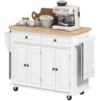 Carrello da Cucina con 2 Cassetti e 2 Armadietti, Isola da Cucina con Piano in Legno, Portaspezie e Porta Canovacci, Bianco