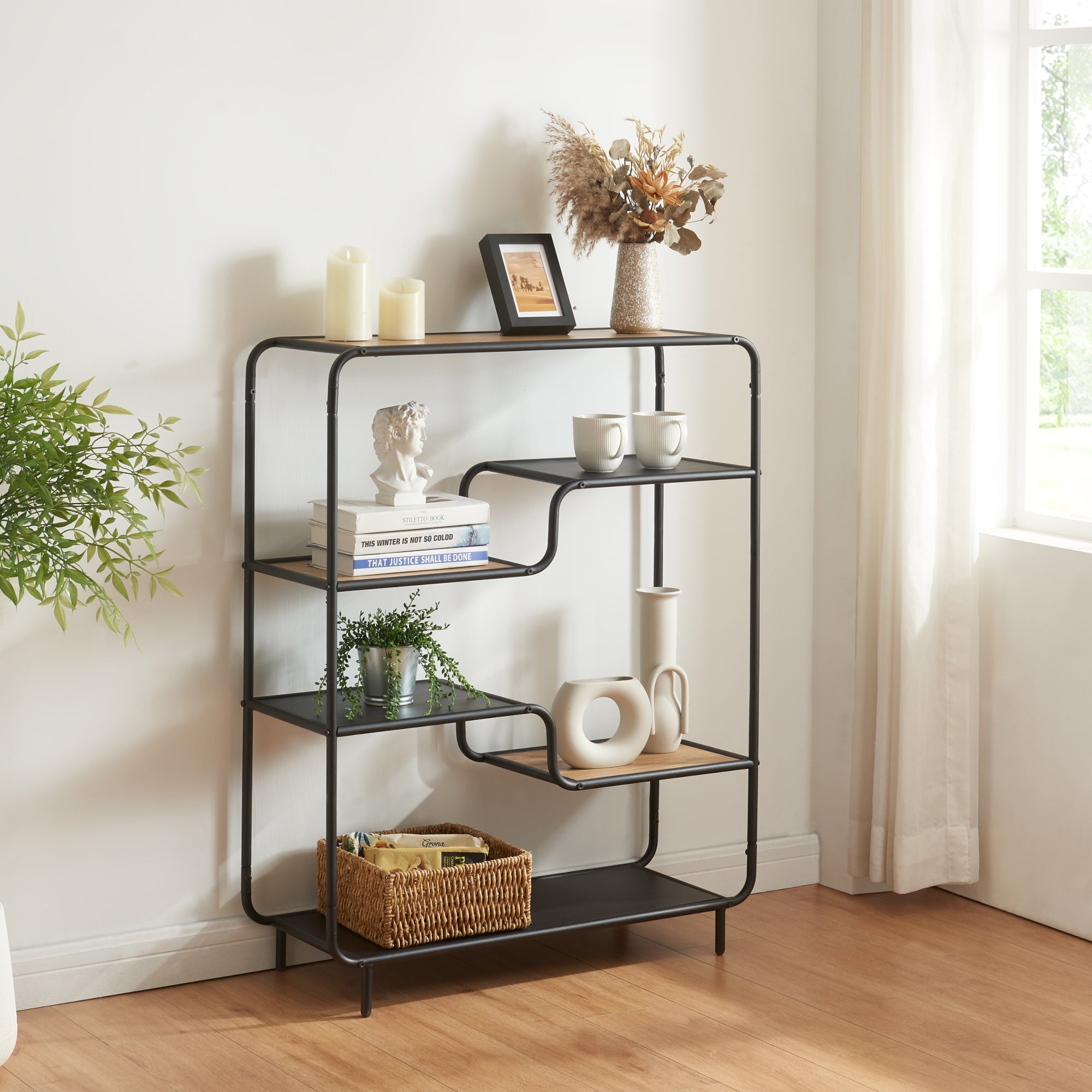 Scaffale Basso Kristiansand con 6 Piani di Appoggio - Effetto Rovere / Nero [en.casa]