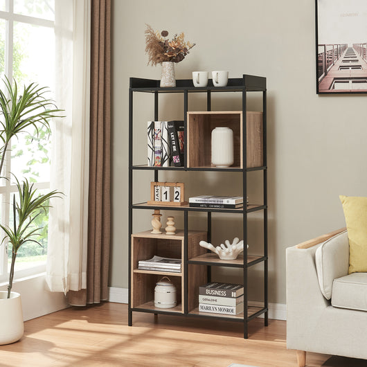 Libreria Belana Scaffale da Terra con Scomparti Aperti 137 x 70 x 33 cm - Nero/Effetto Rovere [en.casa]