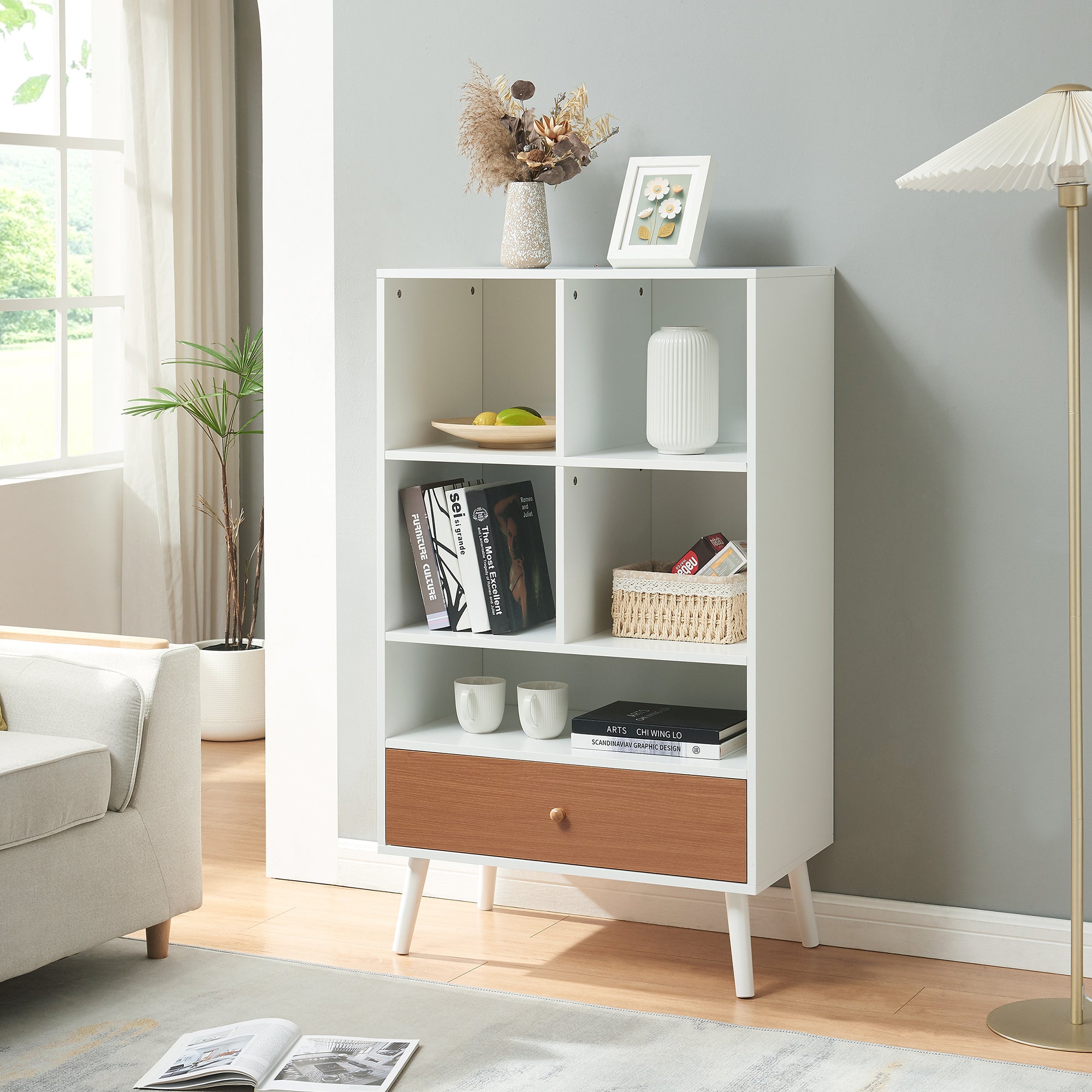 Libreria Reyljand Scaffale con Cassetto 120x70x40 cm - Bianco / Effetto Legno Teak [en.casa]