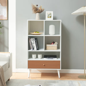 Libreria Reyljand Scaffale con Cassetto 120x70x40 cm - Bianco / Effetto Legno Teak [en.casa]