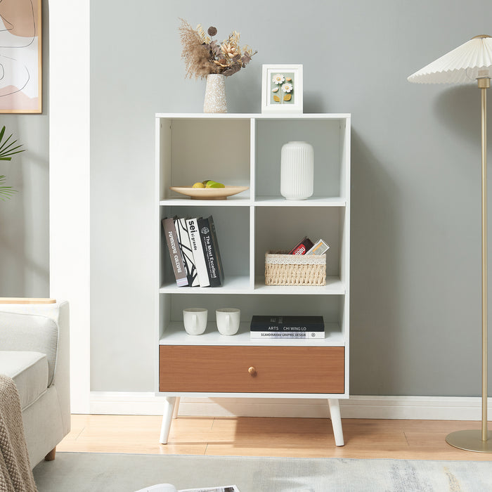 Libreria Reyljand Scaffale con Cassetto 120x70x40 cm - Bianco / Effetto Legno Teak [en.casa]