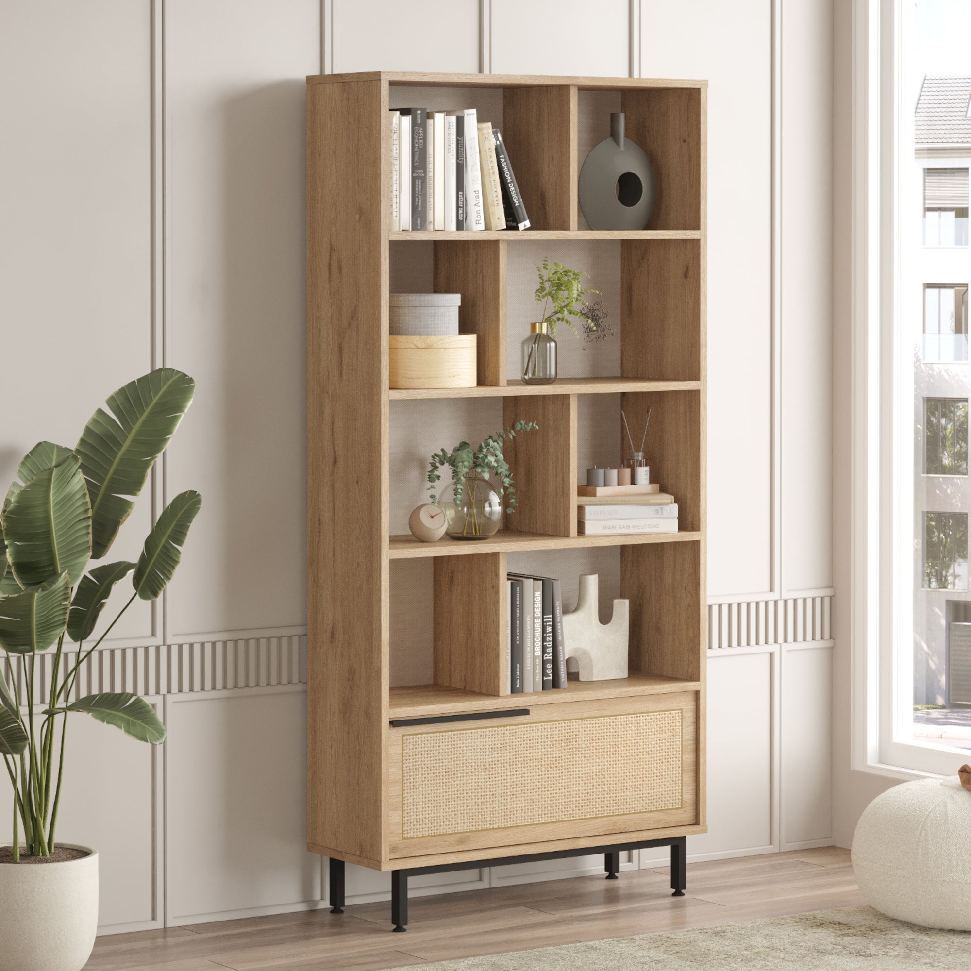Libreria Kvænangen Scaffale Espositore 175x84x29 cm Rovere / Rattan [en.casa]