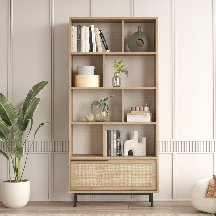 Libreria Kvænangen Scaffale Espositore 175x84x29 cm Rovere / Rattan [en.casa]