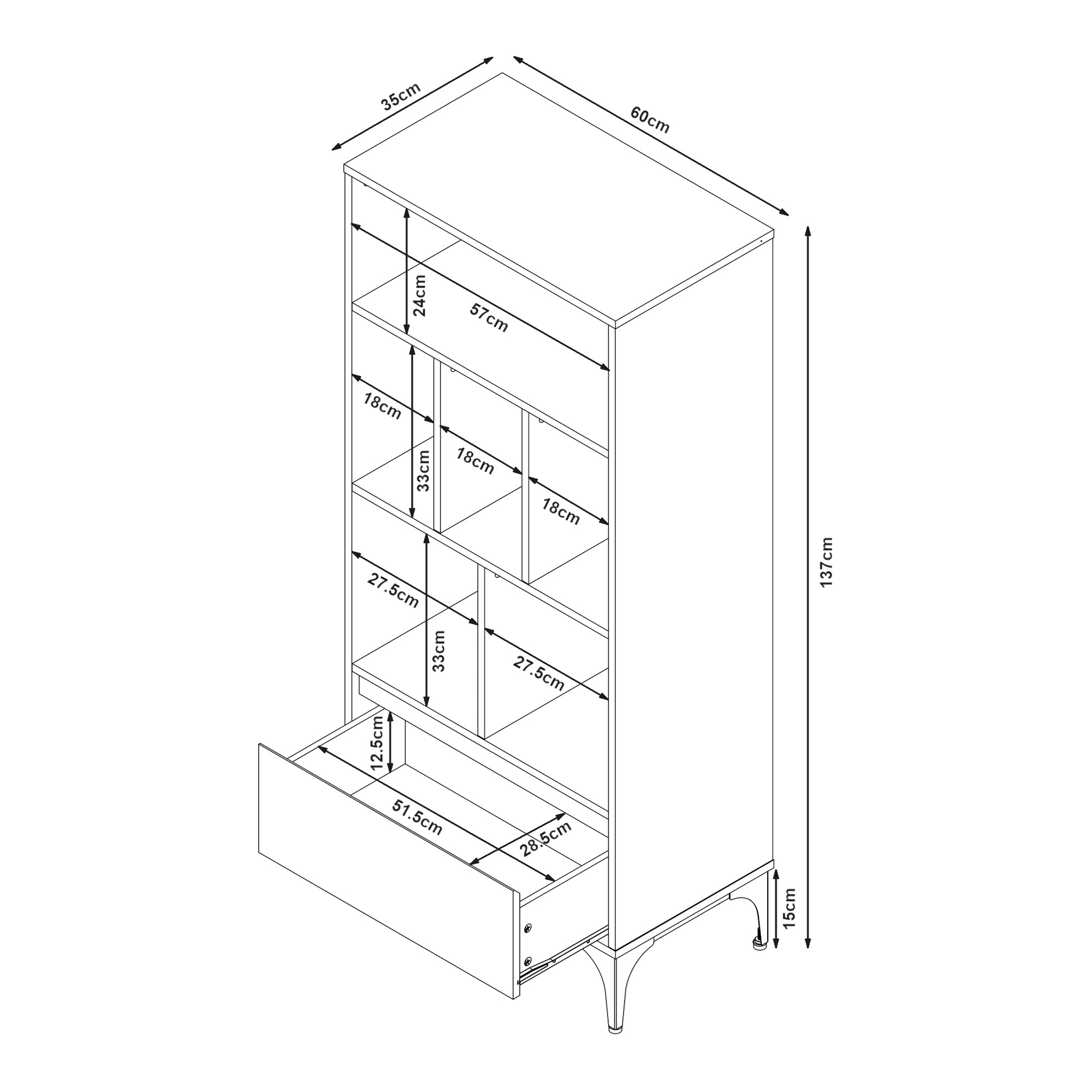 Libreria Kistiandi con 6 Vani Aperti e Cassetto 137 x 60 x 35 cm - Effetto Rovere Chiaro [en.casa]