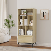Libreria Kistiandi con 6 Vani Aperti e Cassetto 137 x 60 x 35 cm - Effetto Rovere Chiaro [en.casa]
