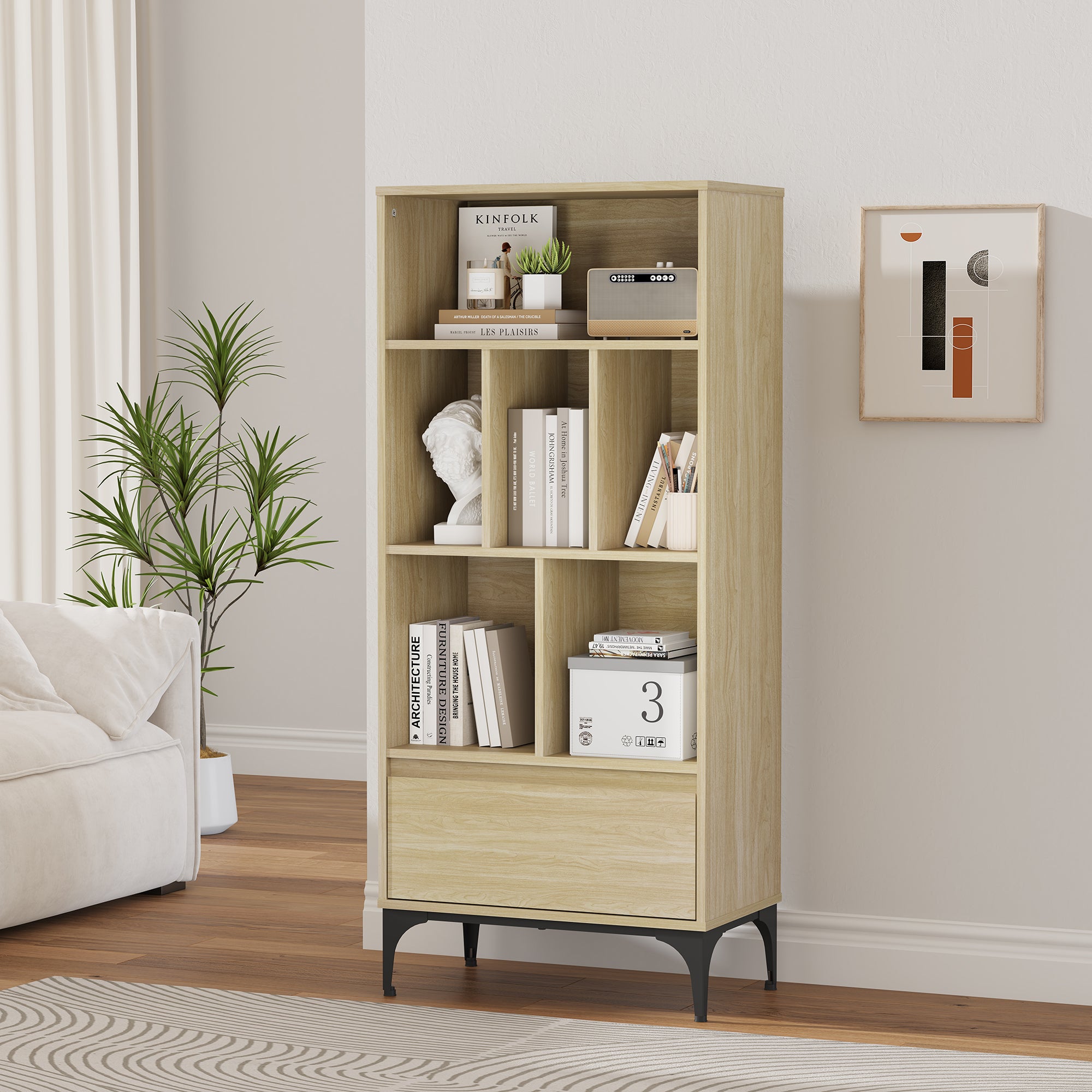 Libreria Kistiandi con 6 Vani Aperti e Cassetto 137 x 60 x 35 cm - Effetto Rovere Chiaro [en.casa]