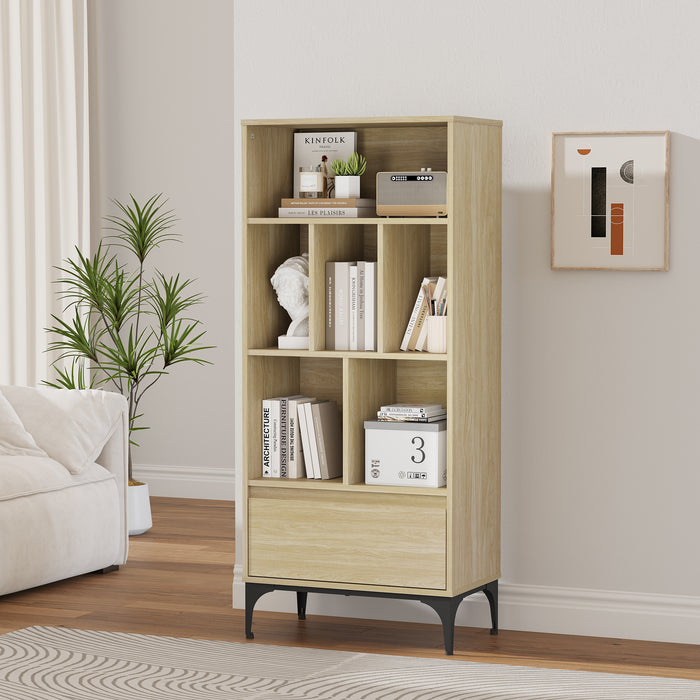 Libreria Kistiandi con 6 Vani Aperti e Cassetto 137 x 60 x 35 cm - Effetto Rovere Chiaro [en.casa]