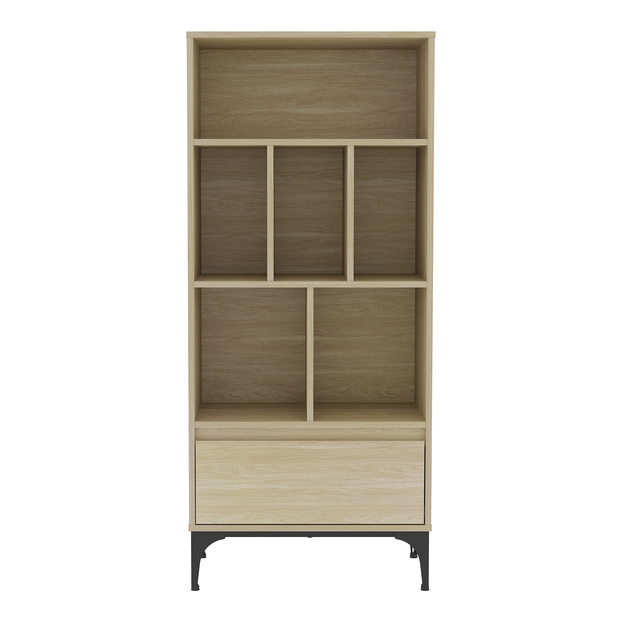 Libreria Kistiandi con 6 Vani Aperti e Cassetto 137 x 60 x 35 cm - Effetto Rovere Chiaro [en.casa]