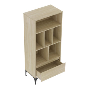 Libreria Kistiandi con 6 Vani Aperti e Cassetto 137 x 60 x 35 cm - Effetto Rovere Chiaro [en.casa]