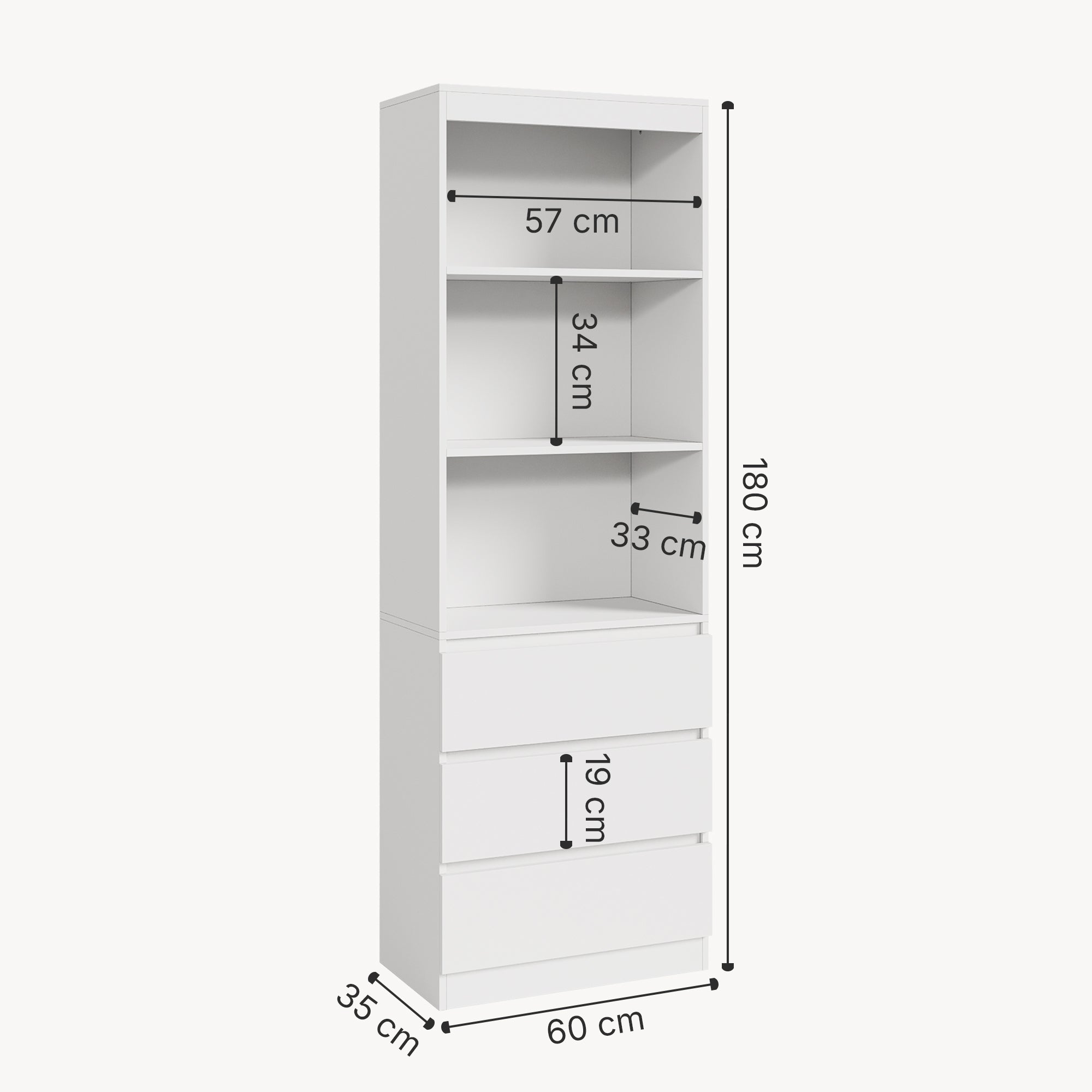 Libreria LES con 3 Scomparti e 3 Cassetti Scaffale Contenitore 180x60x35 cm Bianco [en.casa]