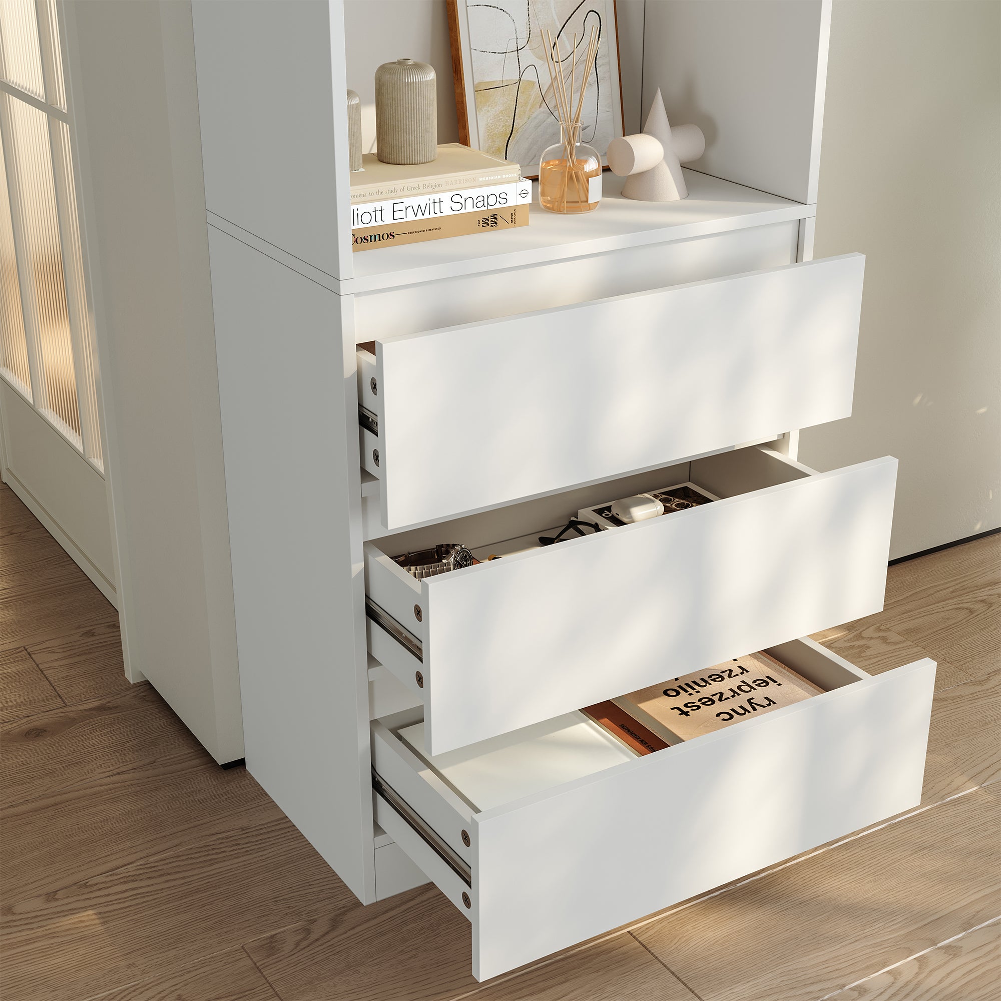 Libreria LES con 3 Scomparti e 3 Cassetti Scaffale Contenitore 180x60x35 cm Bianco [en.casa]