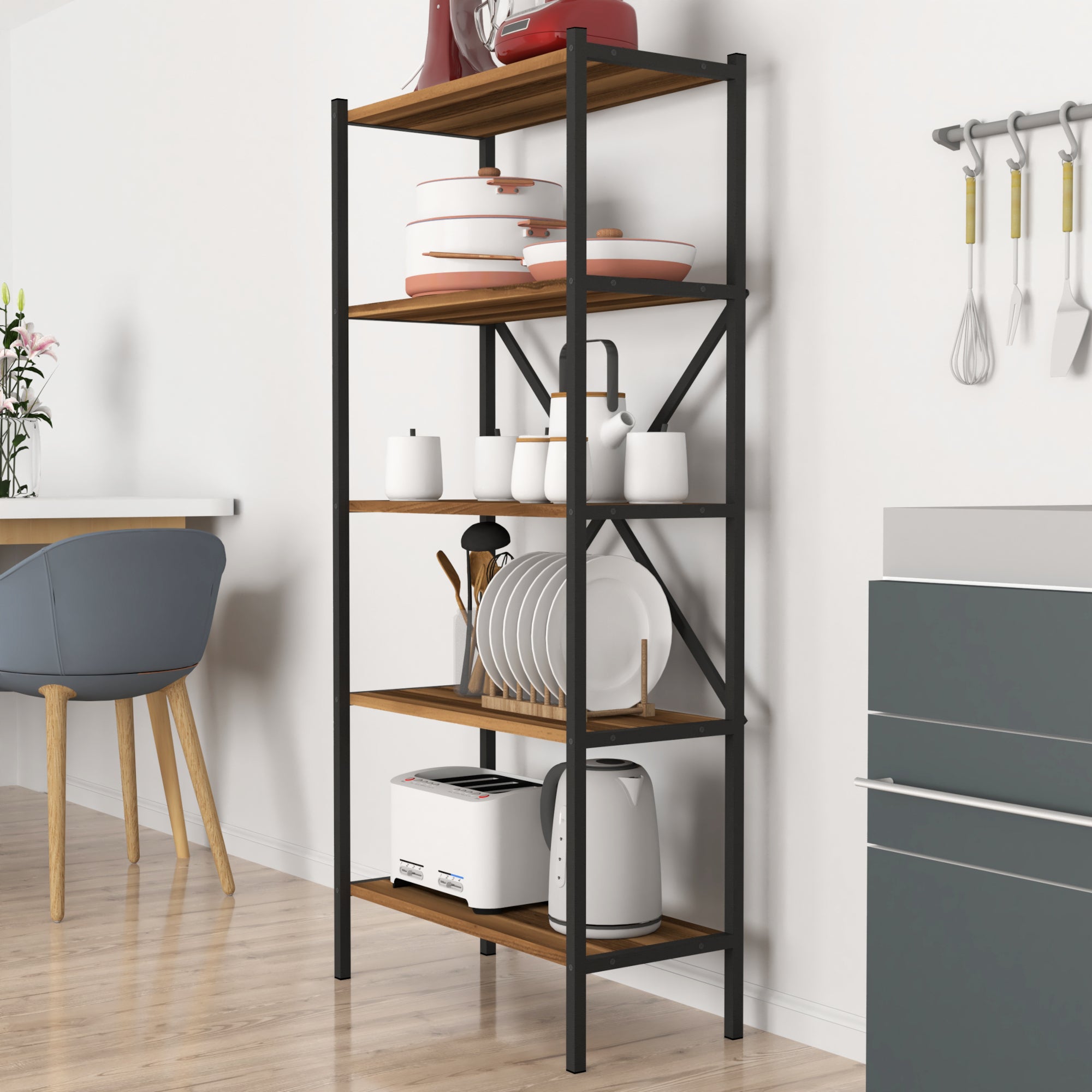 Scaffale da Terra 'Tomelilla' Mobile da Stoccaggio a 5 Ripiani - Effetto Noce [en.casa]