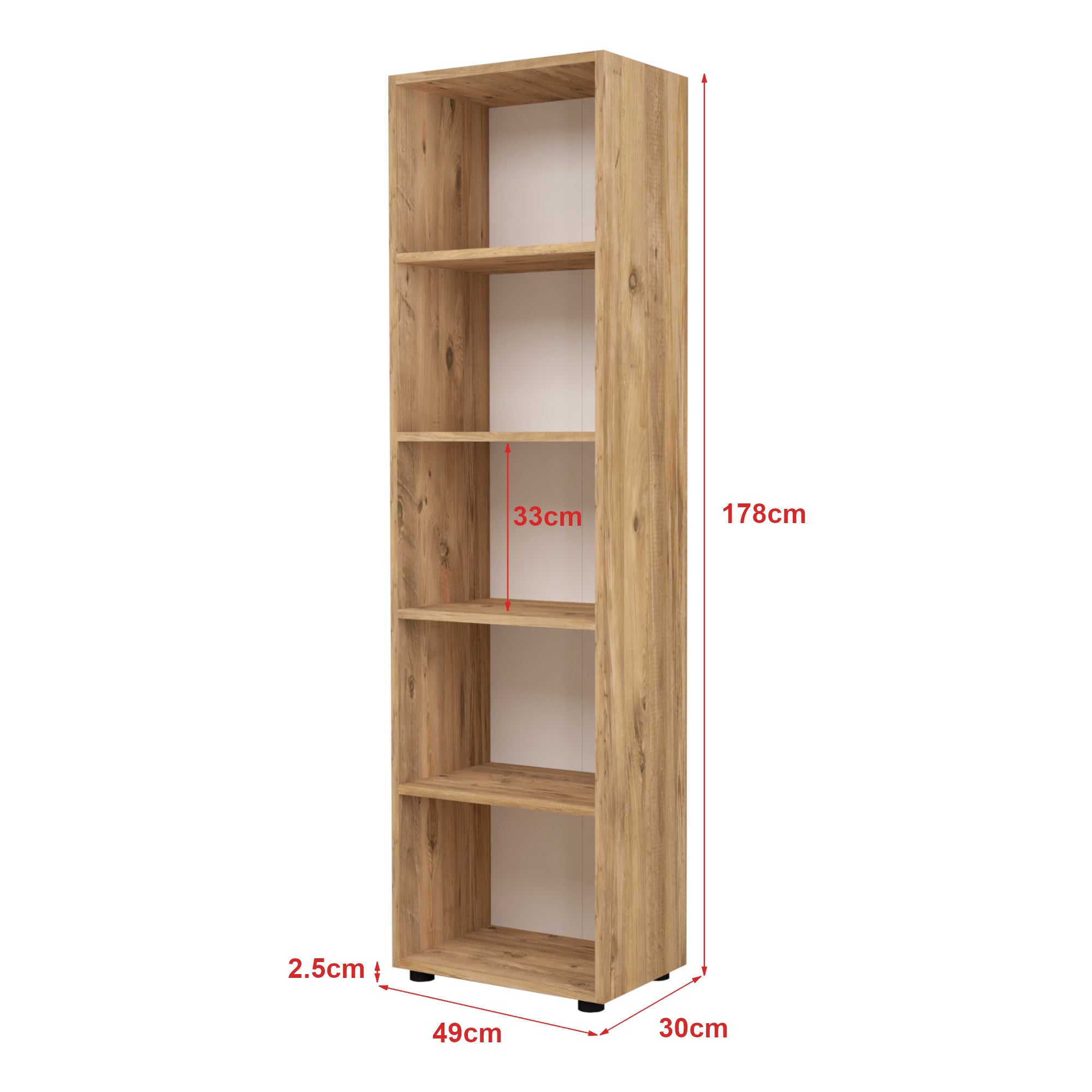 Libreria 'Vara' Altezza 178 cm Scaffale a Terra con 5 Scomparti Aperti - Effetto Rovere [en.casa]