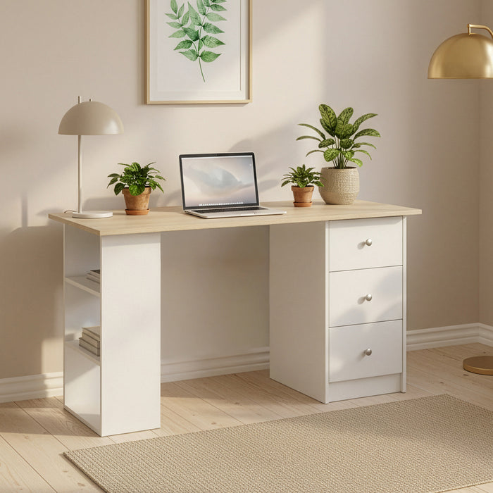 Scrivania Lemberg con Cassetti e Ripiani - Bianco / Effetto Rovere [en.casa]