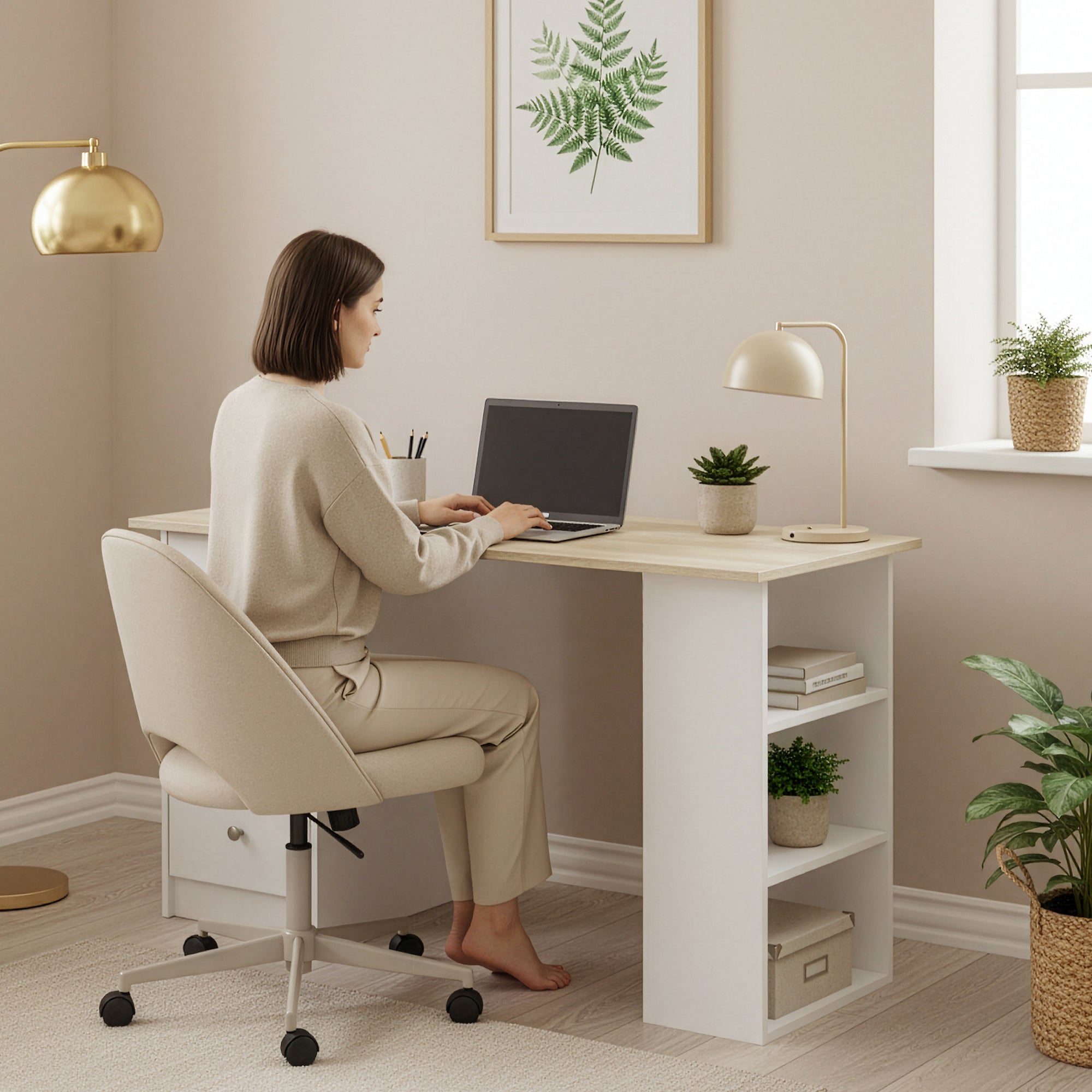 Scrivania Lemberg con Cassetti e Ripiani - Bianco / Effetto Rovere [en.casa]