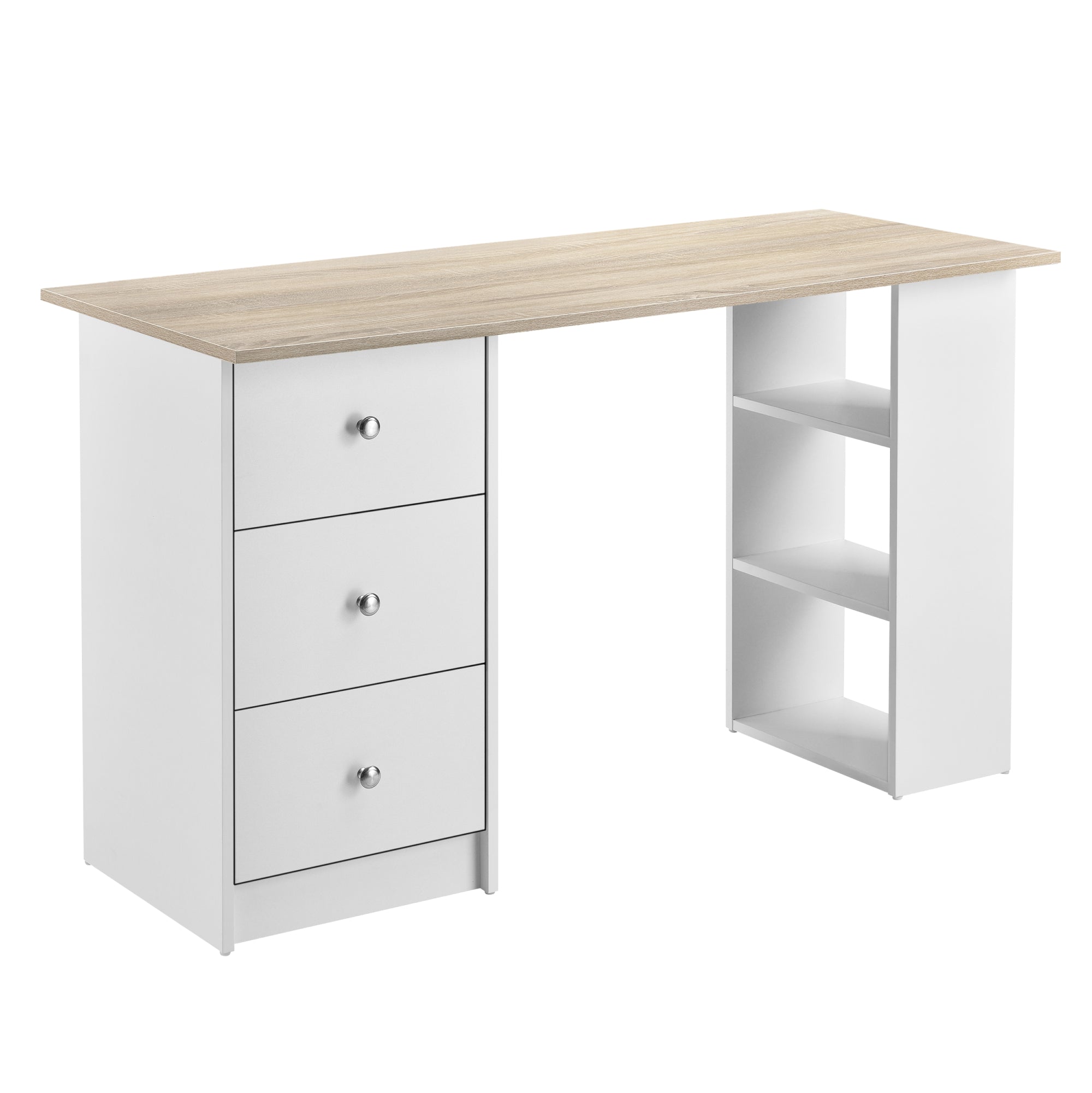 Scrivania Lemberg con Cassetti e Ripiani - Bianco / Effetto Rovere [en.casa]