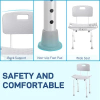 Sedia da Doccia per Bagno in Alluminio e Plastica Altezza Regolabile 8 Livelli 71-88cm Piedini Antiscivolo