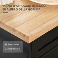 Carrello da Cucina Multiuso con Cassetto, Ruote, Portaspezie e Armadietto, Mobiletto Cucina con Ripiano Regolabile, Portasciugamani e Piano in Legno di Caucciù, 109x40x89 cm, Nero