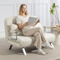 Divano letto 2 posti con schienale regolabile e 2 cuscini, rivestimento in tessuto effetto scamosciato, Beige