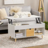 Tavolino da Salotto Rettangolare con Piano Sollevabile, 1 Cassetto, 2 Ripiani Aperti, in Legno, Bianco