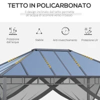 Gazebo da Giardino 4x3m con Zanzariere e Tetto in Policarbonato, Grigio